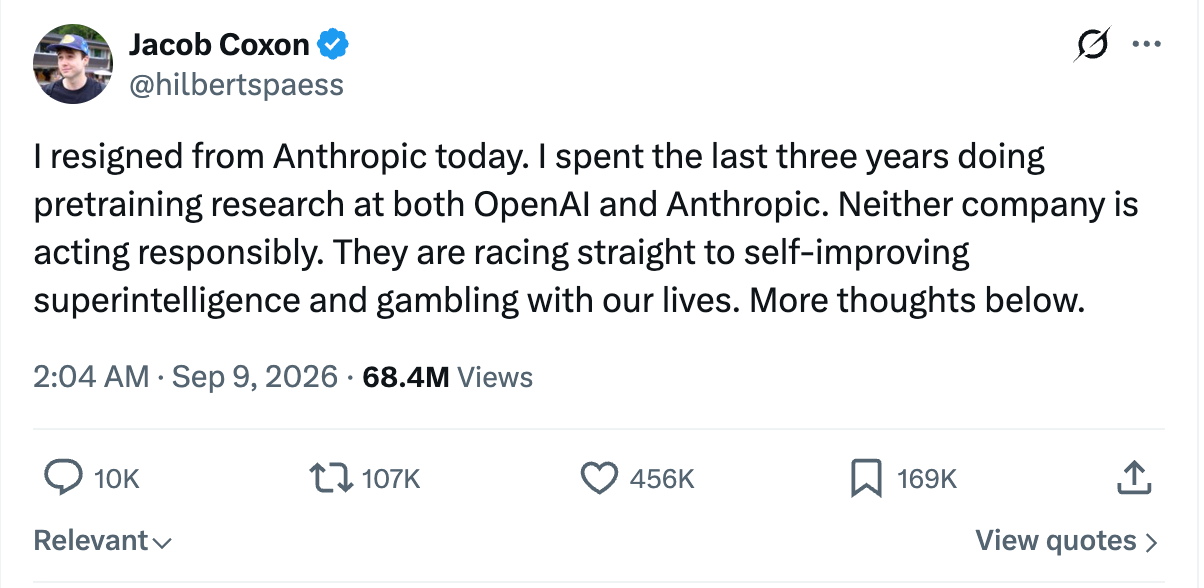 Post de Jacob Coxon (@hilbertspaess) sur X, 9 septembre 2026 : il annonce sa démission d'Anthropic après trois ans de recherche en préentraînement chez OpenAI et Anthropic, et écrit qu'aucune des deux entreprises n'agit de manière responsable.